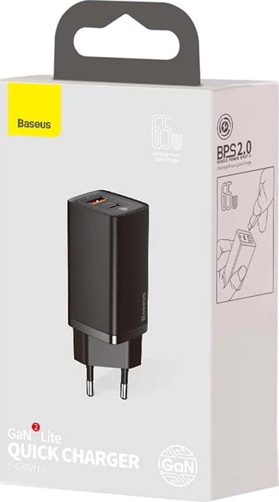 Karikues i shpejtë udhëtimi Baseus GaN2 Lite CCGAN2L-B01, 65W, USB-C & USB-A, zi