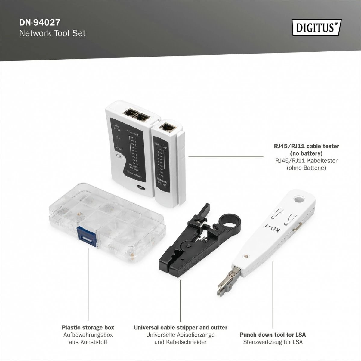 Set veglash rrjeti Digitus DN-94027 me testues kabllosh, kaçavida, krimpues dhe çantë tekstili