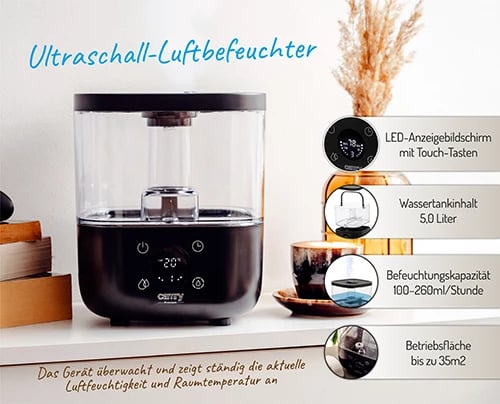 Lagështues ajri, Camry, CR 7973, 5.0L, ultrasonik, ekran LED, mbushje nga lart, i zi