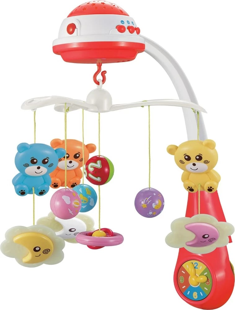 Karusel për krevat, Baby Mix, me projektor drite, 3 melodi dhe tinguj natyre, volum i rregullueshëm, kuqe