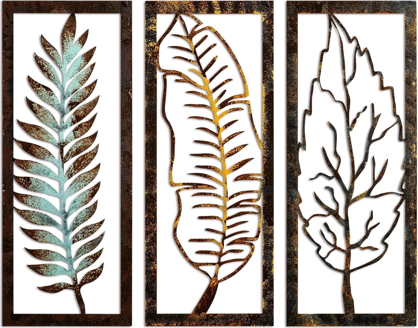 Aksesor dekorativ metalik për mur, Wallity, gjethe, set prej 3 copash, 55x22x1.5cm