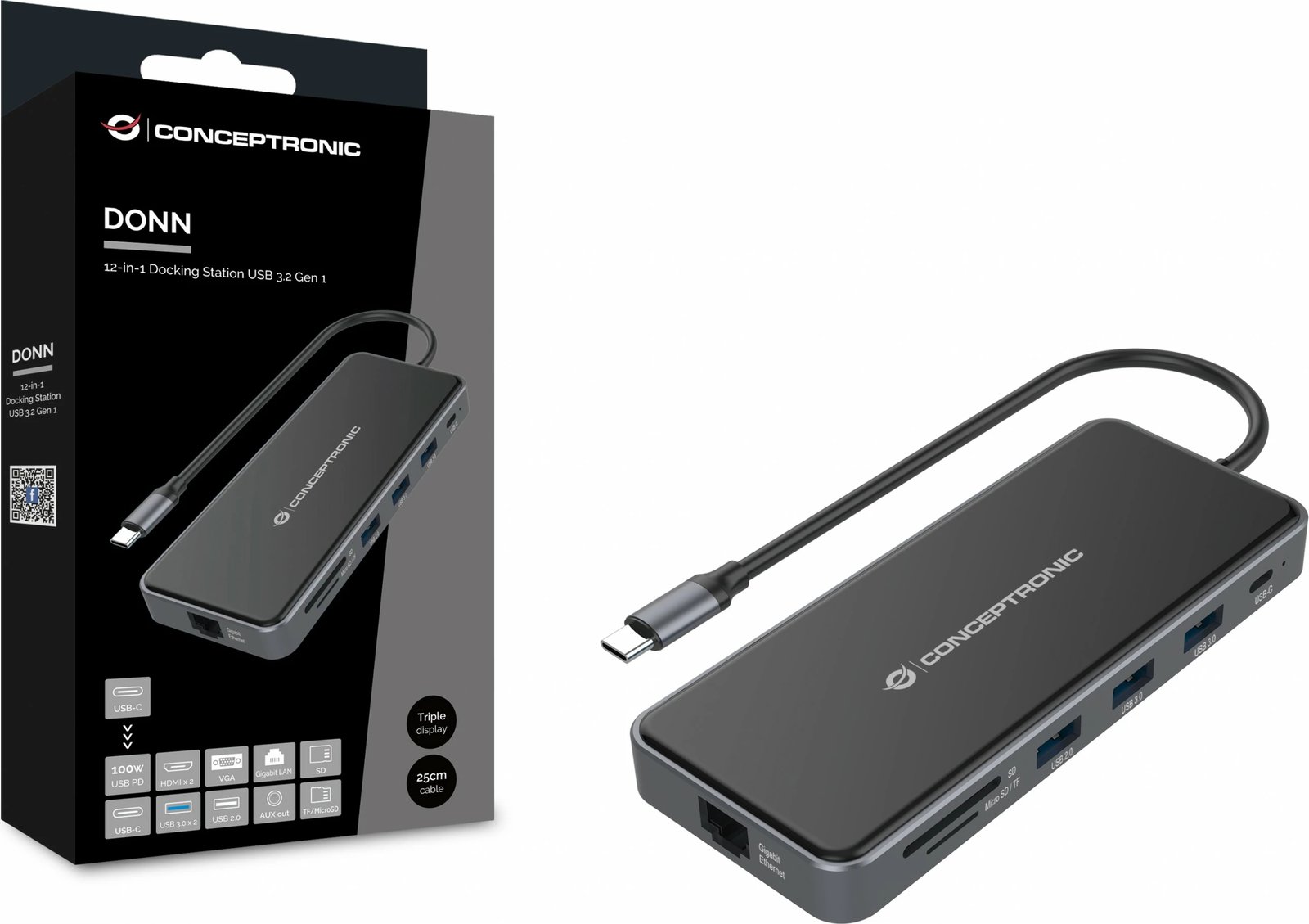 Docking station Conceptronic 12-1 USB-C, 2x HDMI, 3x USB-A, AUX, 25cm, gri