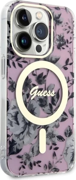 Mbështjellës Guess GUHMP14XHCFWSP për iPhone 14 Pro Max 6.7", Flower MagSafe, rozë