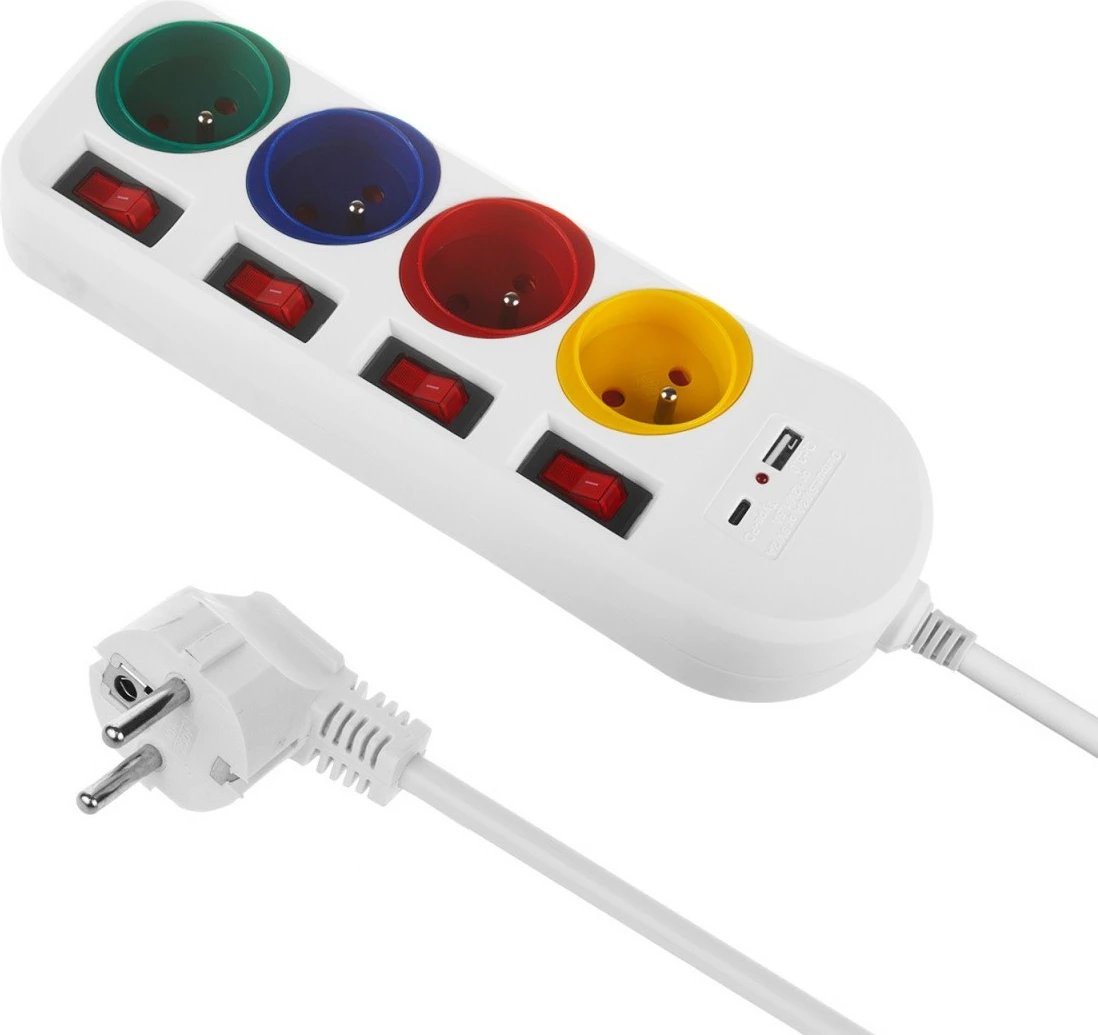 Listë zgjatjeje Maclean MCE508 W, 4 prizë, 1.5m, 2x USB, Bardhë