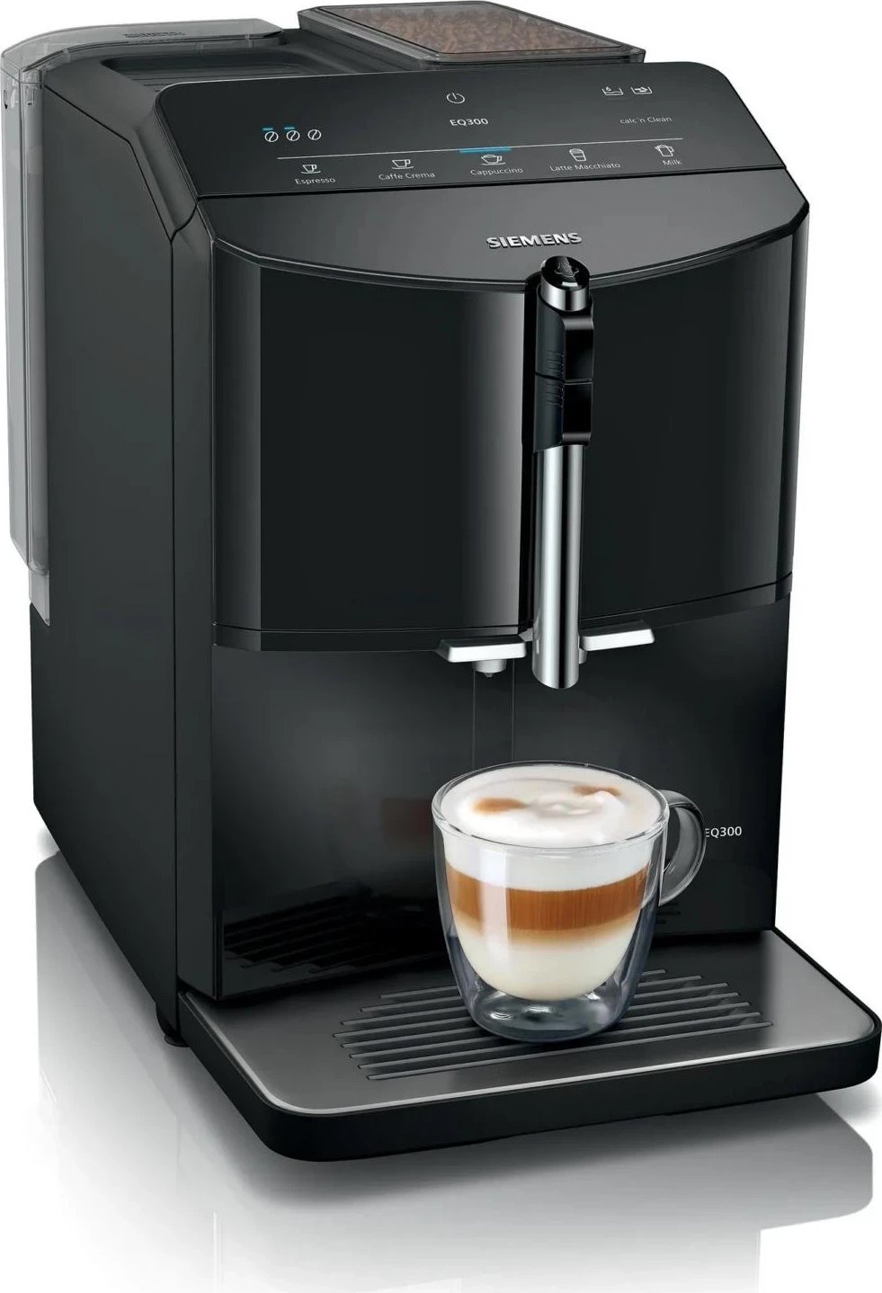 Makina e kafes Siemens EQ300 TF301E09, me regullim të gradës së bluarjes së kafes, e zezë