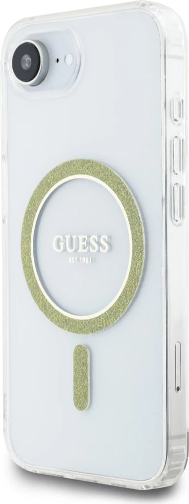 Mbështjellës Guess IML Glitter Circle MagSafe për iPhone 16e, Transparent Mbështjellës Guess IML Glitter Circle MagSafe për iPhone 16e, Transparent