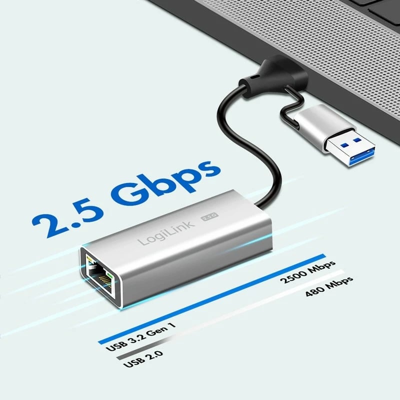 Adapter USB-A/USB-C për Ethernet 2.5G LogiLink UA0422, Gri