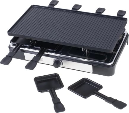 Grill elektrik raclette, Adler AD 6616, 1400W, pjatë 42x23cm, dyanshe jo-ngjitëse, 8 tiganë + 8 shpatulla druri, e zezë