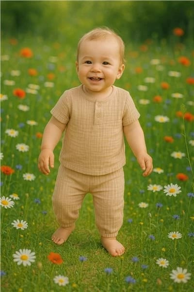 Set muslini 2 copë për bebe, New Baby, T-shirt me mëngë të shkurtra dhe pantallona, pambuk 100%, madhësia 56 (0-3m), bezhë