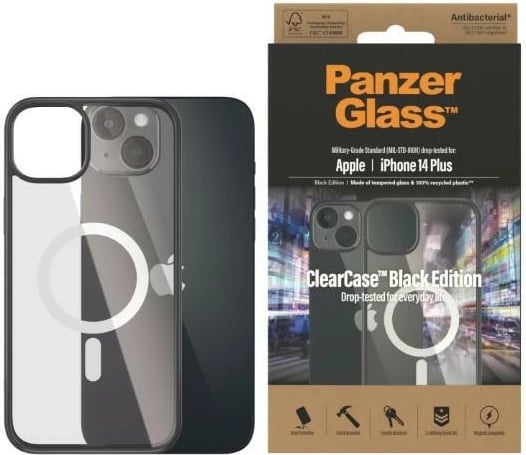 Mbështjellës PanzerGlass ClearCase me MagSafe për iPhone 14 Plus / 15 Plus, transparent dhe zi
