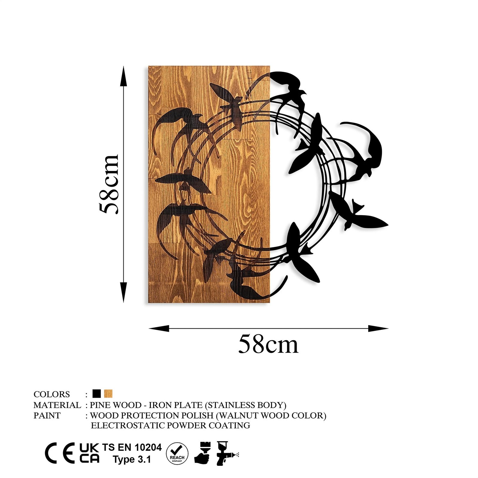 Aksesor dekorativ prej druri për mur, Spiral Birds 1, ngjyrë arre dhe e zezë, 58x58cm