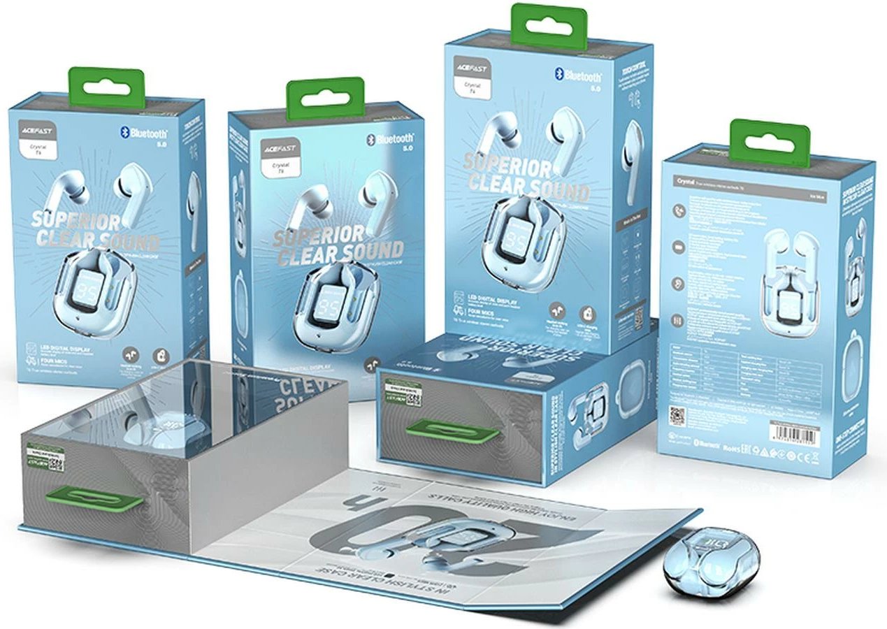 Kufje Acefast T6 TWS wireless, Bluetooth, me ekran LED, Light Blue