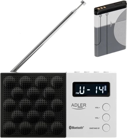radio dixhitale PLL AM/FM, Adler AD 1908, Bluetooth 5.0, USB/SD, memorie 20 stacione, ekran LCD, 1.2 W, bateri 800 mAh, bardh e zezë