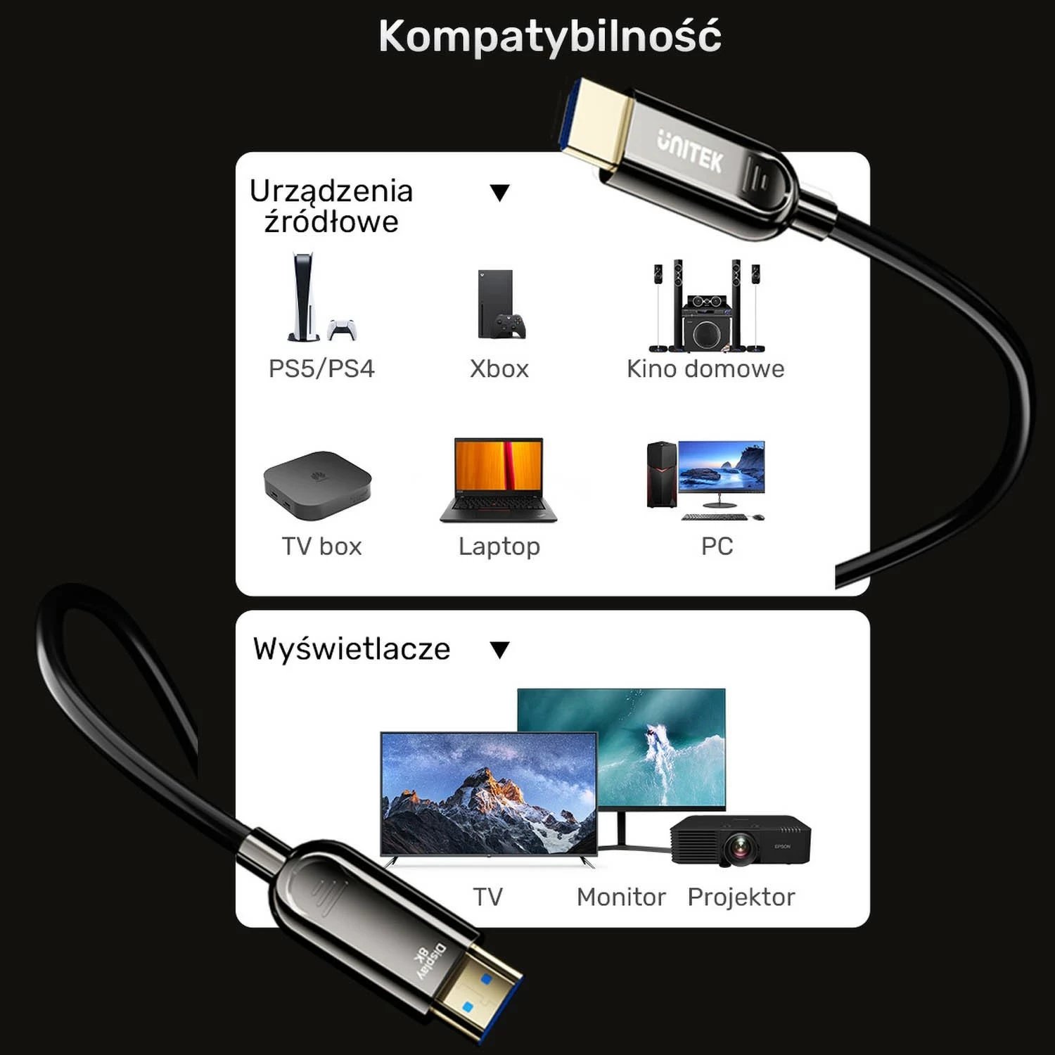 Kabëll optik HDMI Unitek 2.1 AOC 8K 120Hz 70m, ngjyrë zezë-argjendtë