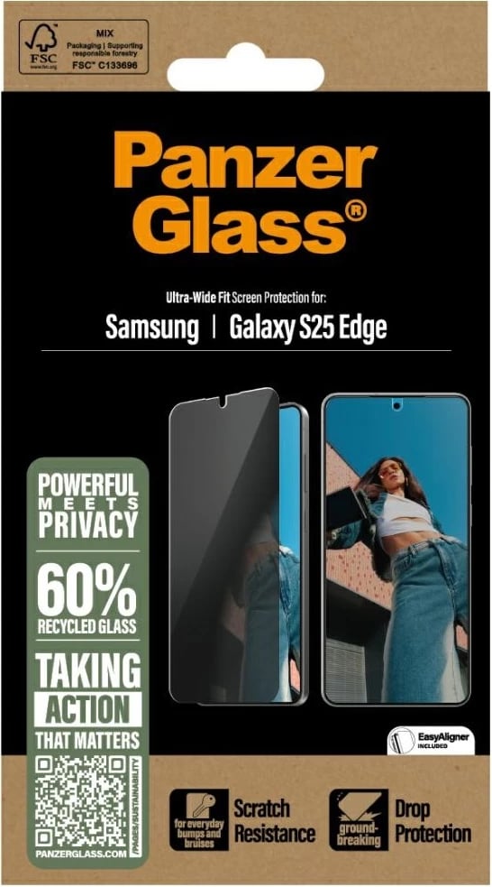 Xham mbrojtës PanzerGlass Ultra-Wide Fit Privacy për Samsung Galaxy S25 Edge, Transparent