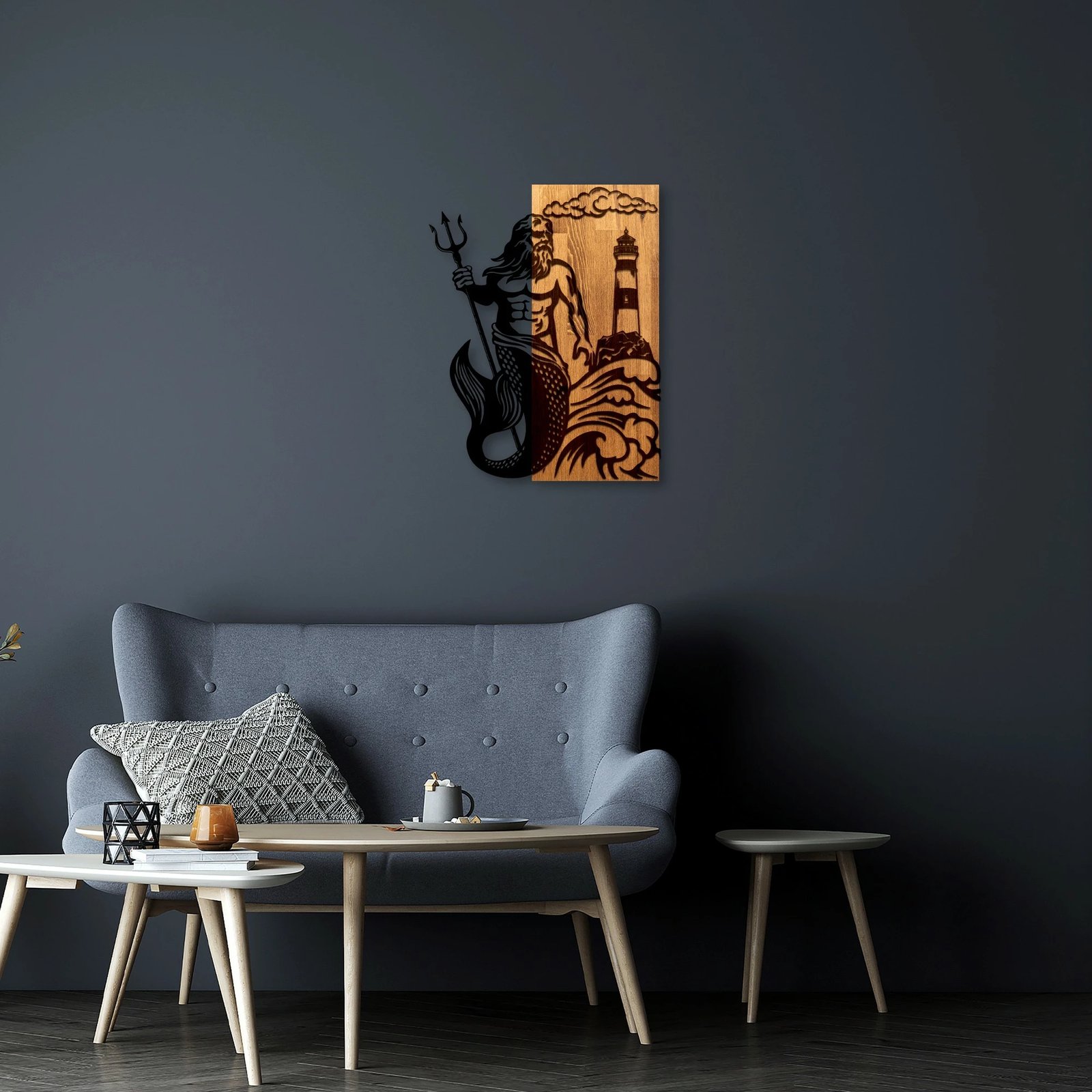 Aksesor muri dekorativ prej druri, Wallity, Poseidon, ngjyrë arre dhe e zezë, 45x58x3cm