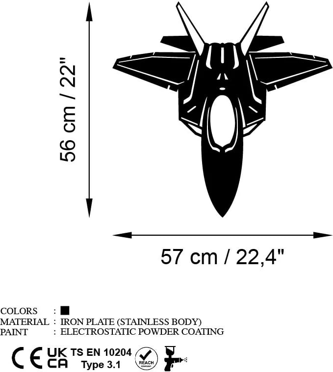 Aksesor dekorativ metalik për mur, Wallity, F-22 RAPTOR, ngjyrë e zezë, 57x56cm