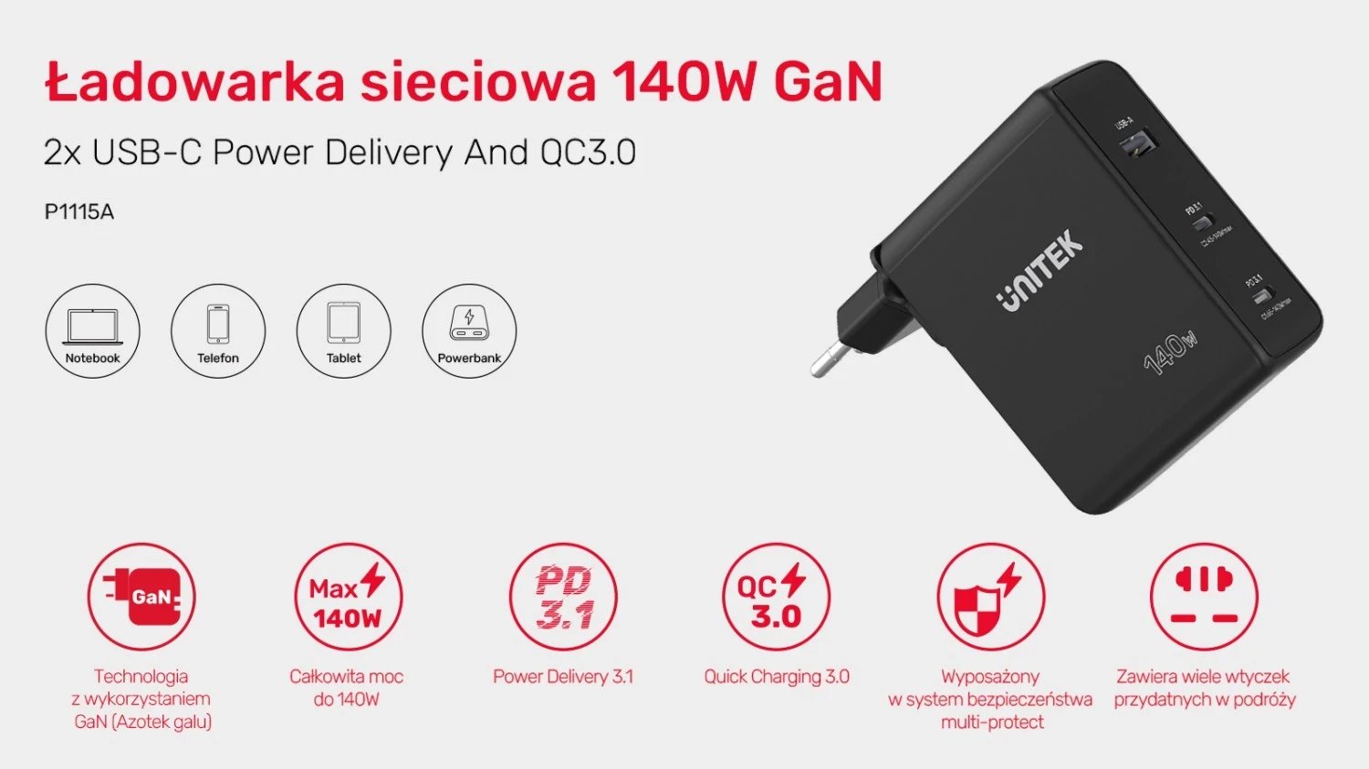 Karikues Unitek GaN me 3 porta, 140W, ngjyrë e zezë