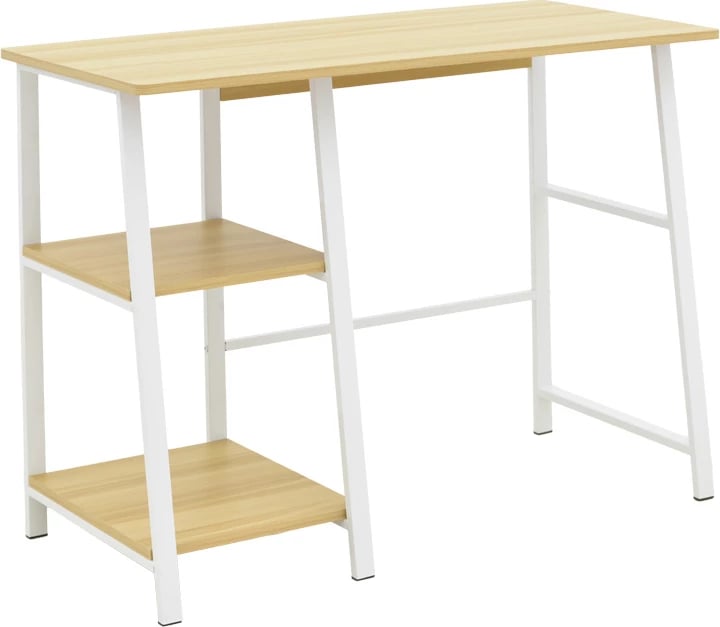Tavolinë pune Ferje me rafte, MDF natyrale-bardhë, 100x48x75cm