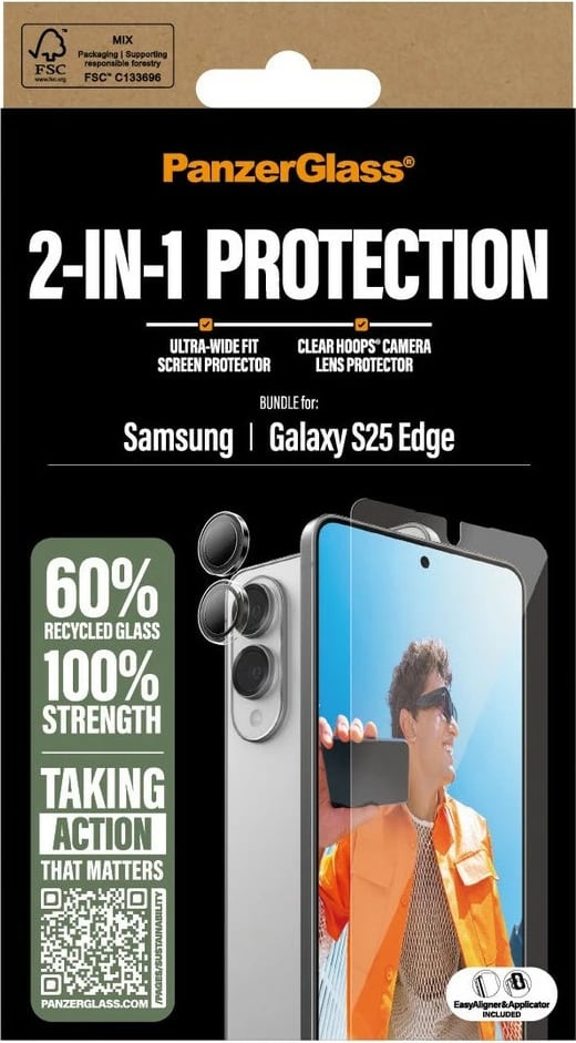 Mbrojtës ekrani PanzerGlass për Samsung Galaxy S25 Edge, set 2-në-1, transparent