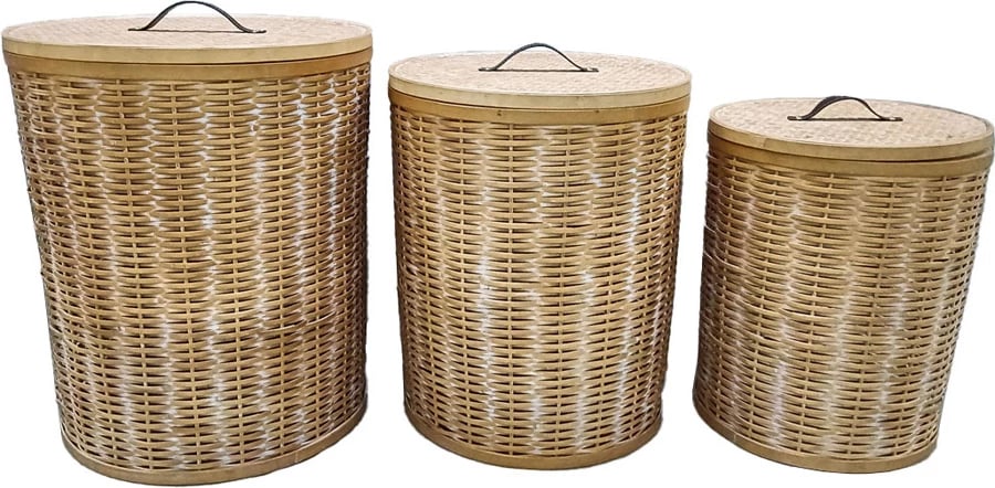 Set shporta me kapak, 3 copë, dru bredhi, lëkurë natyrale, ngjyrë e bardhë e larë/natyrale, 51x51x61cm