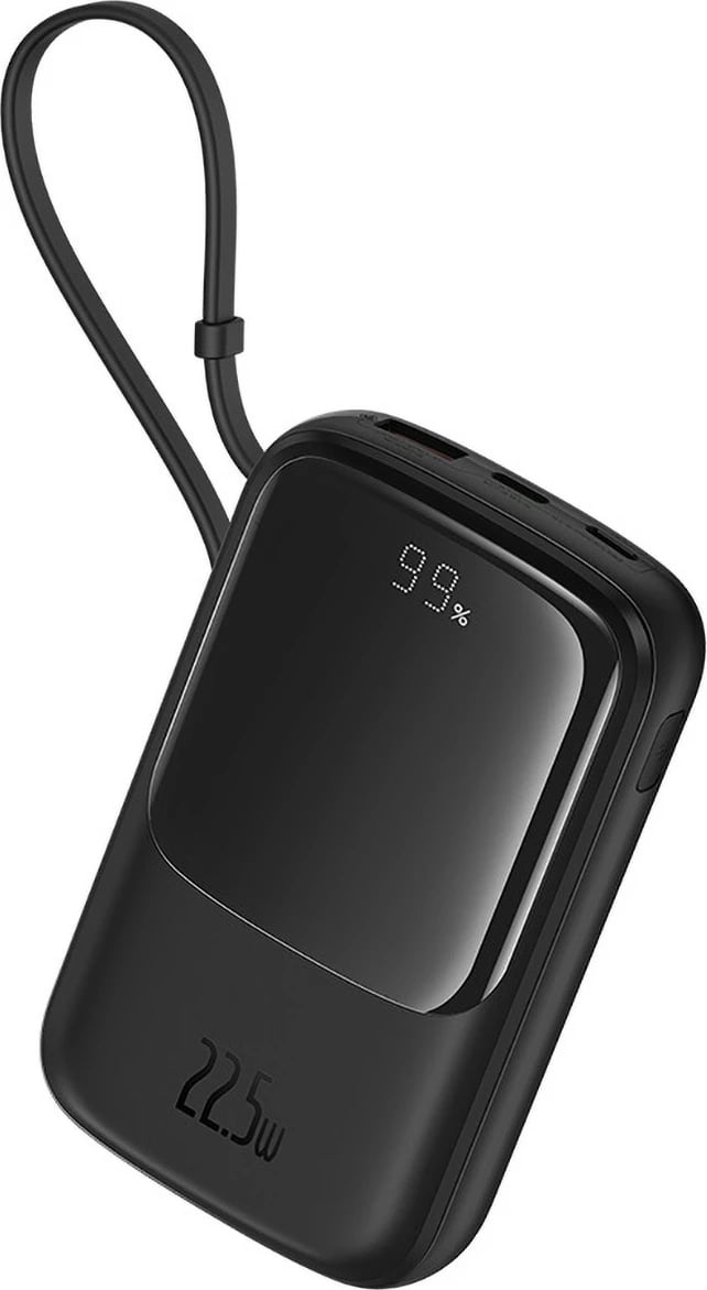 Powerbank Baseus QPow Pro+ 10000mAh, 22.5W, me kabllo USB-C të integruar dhe ekran, e zezë Powerbank Baseus QPow Pro+ 10000mAh, 22.5W, me kabllo USB-C të integruar dhe ekran, e zezë
