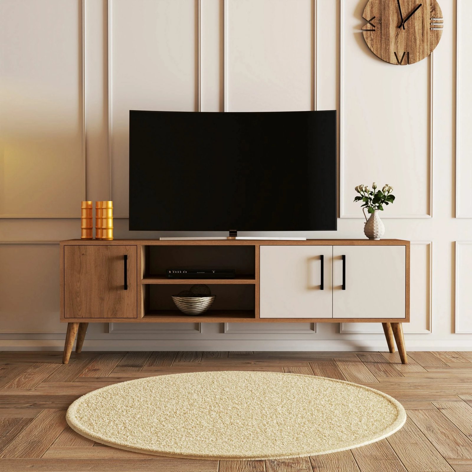 Komodë TV Exxen, ngjyrë lis dhe e bardhë, 150x52x34 cm
