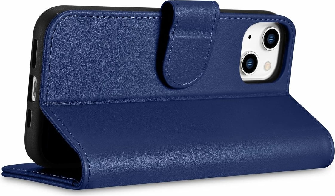 Mbështjellës iCarer Wallet Case 2in1 për iPhone 14, lëkurë natyrale, Anti-RFID, Blu