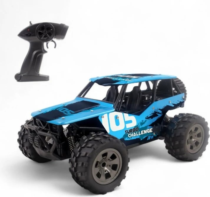 Makinë R/C, Turbo Challenge, Wild Racer 093728, shkallë 1:18 2.4 GHz 12 km/h rreze 50 m, e zezë/blu, set me telekomandë bateri e USB ngarkues