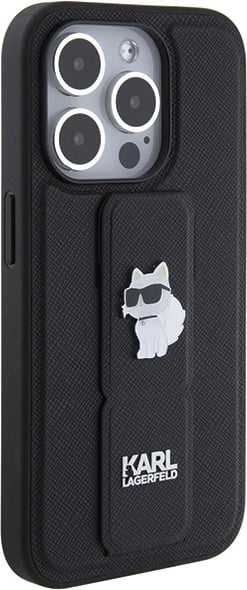 Mbështjellës Karl Lagerfeld Gripstand Saffiano Choupette Pins për iPhone 14 Pro, i zi