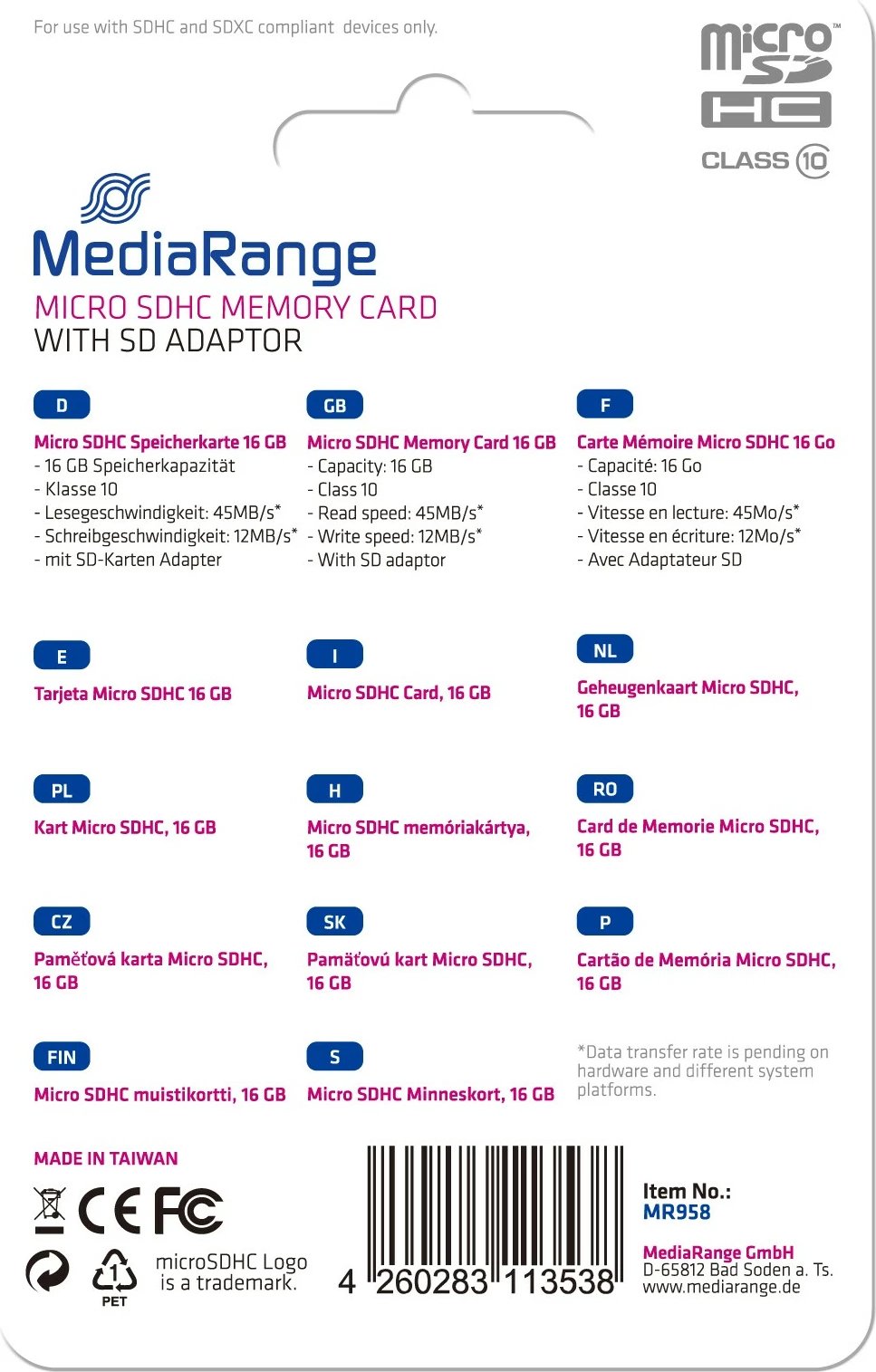 MicroSDHC kartelë MEMORJE MediaRange MR958 16GB Class 10 me adapter SD, e zezë