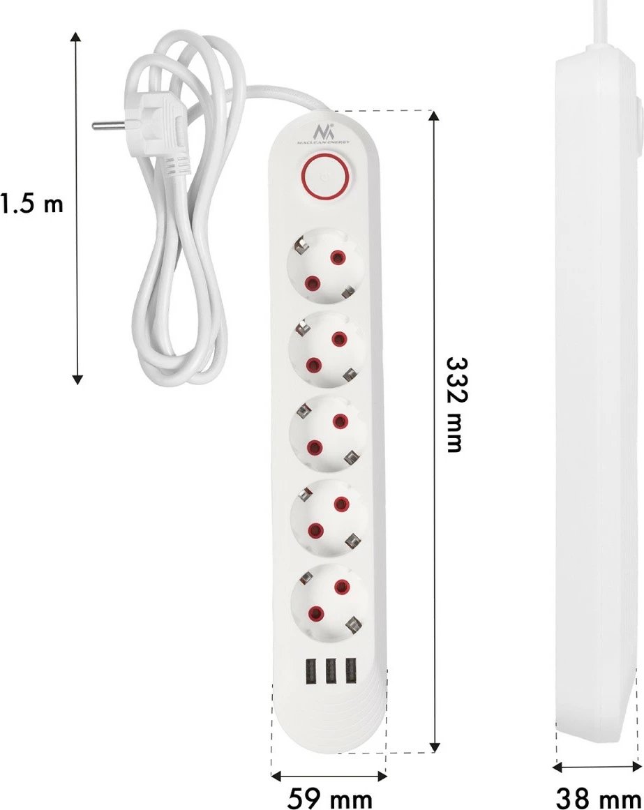 Zgjatues elektrik Maclean MCE395 W, 5 priza Schuko + 3x USB, 1.5 m, 2500W, me ndërprerës, e bardhë