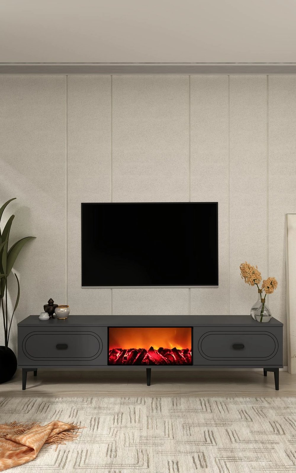 Komodë TV Skye Decor, ngjyrë antracit, me oxhak dekorativ