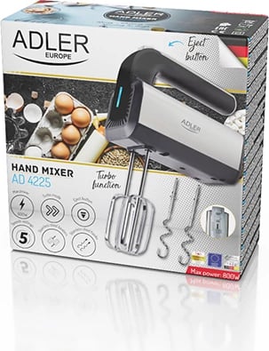 Mikser dore, Adler, AD 4225, 5 shpejtësi Turbo, 300W (max 800W), me 2 rrahëse dhe 2 hoka brumi, INOX