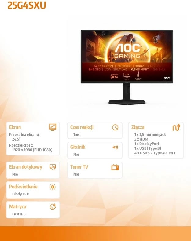 Monitor AOC 25G4SXU, 24.5", Fast IPS, 310Hz, FHD, i zi Monitor AOC 25G4SXU, 24.5", Fast IPS, 310Hz, FHD, i zi