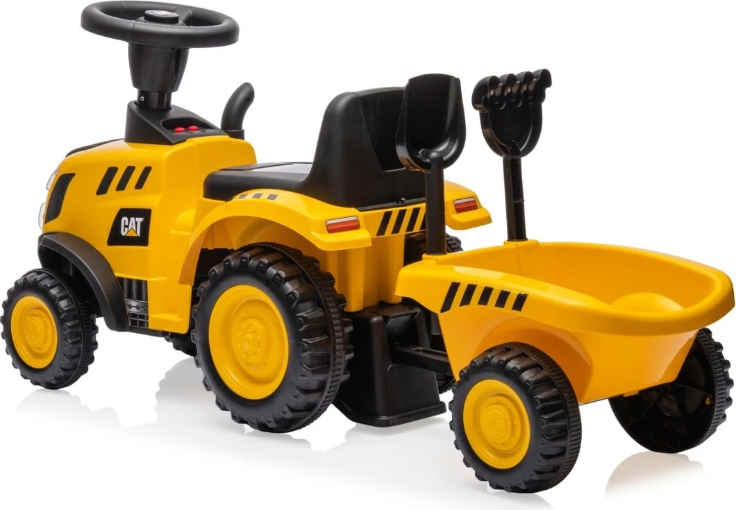Traktor ride-on, Milly Mally, CAT Tractor 5766, me rimorkio, drita e tinguj, timon me borí, 6 rrota, verdhë/zi, set me lopatë dhe grabujë