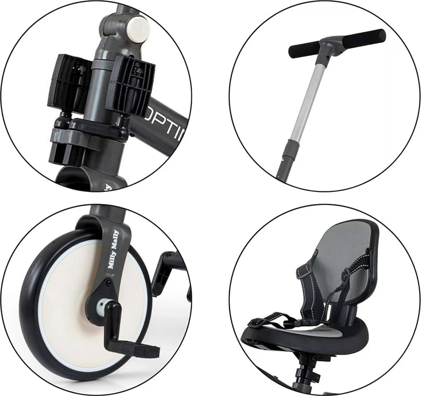 Tricikletë/biçikletë ekuilibri 5‑në‑1, Milly Mally, Optimus Max, dorezë prindi me 4 nivele, rrota shkumë, sedilje e rregullueshme, palosshme, gri e errët