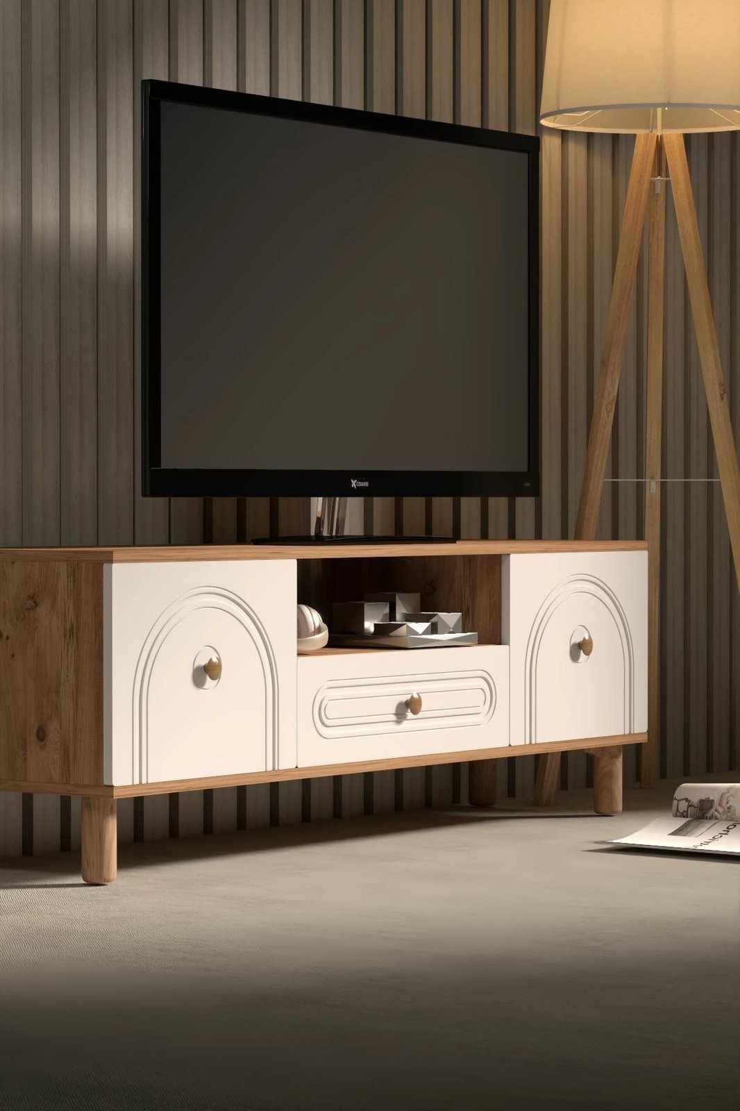 Komodë TV Skye Decor, Serenta 150, ngjyrë pishë Atlantike dhe e bardhë