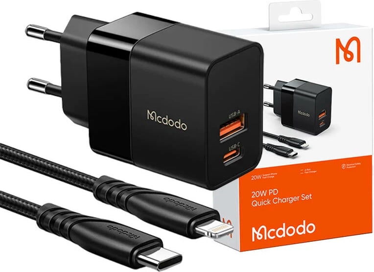 Karikues muri Mcdodo CH-1952, 20W, USB + USB-C, kabllo USB-C në Lightning 1.2m, Zi