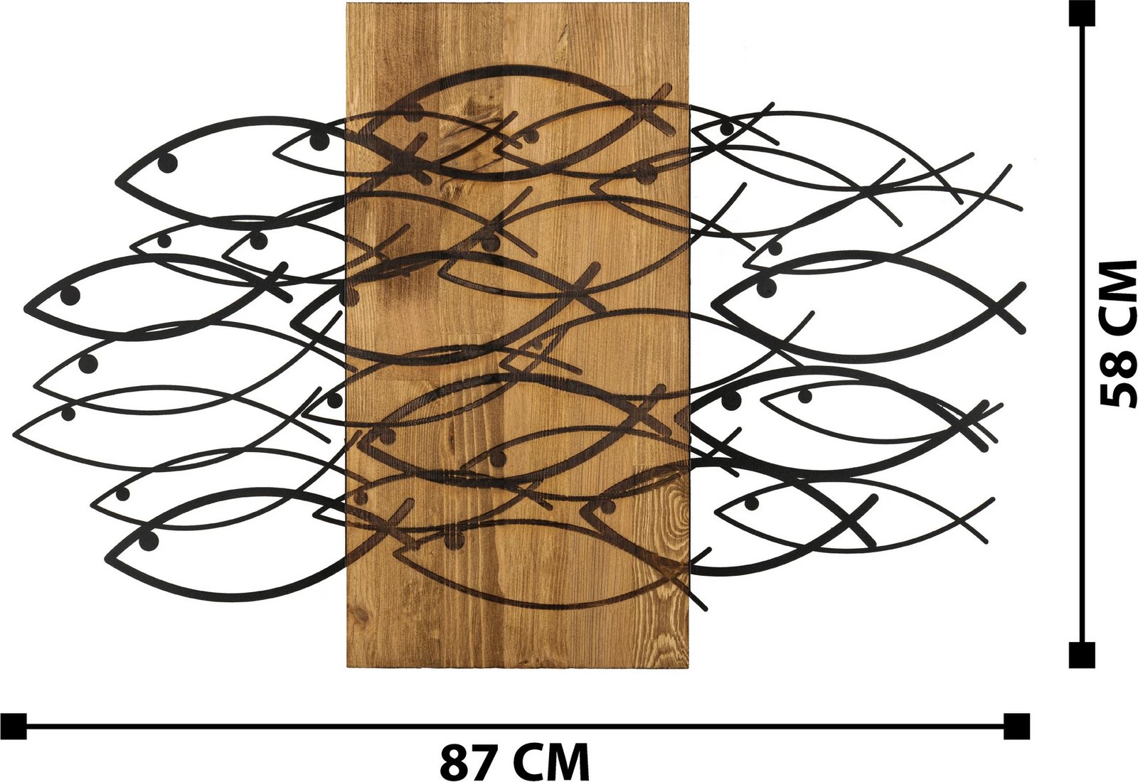 Aksesor dekorativ muri prej druri dhe metali, peshq, ngjyrë e zezë dhe arre, 87x58cm