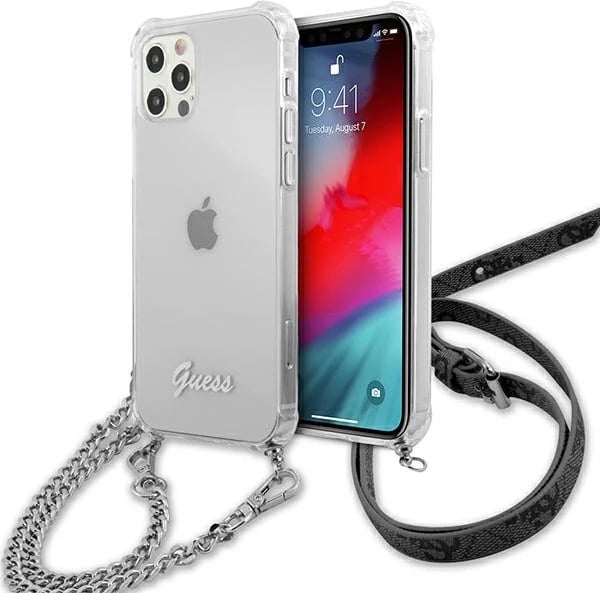 Mbështjellës Guess GUHCP12LKC4GSSI për iPhone 12 Pro Max 6.7", transparent, me zinxhir argjendi