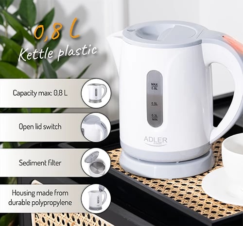 Zierëse uji elektrike, Adler, AD 1371, 0.8 L, 850 W, plastikë, bardhë-gri