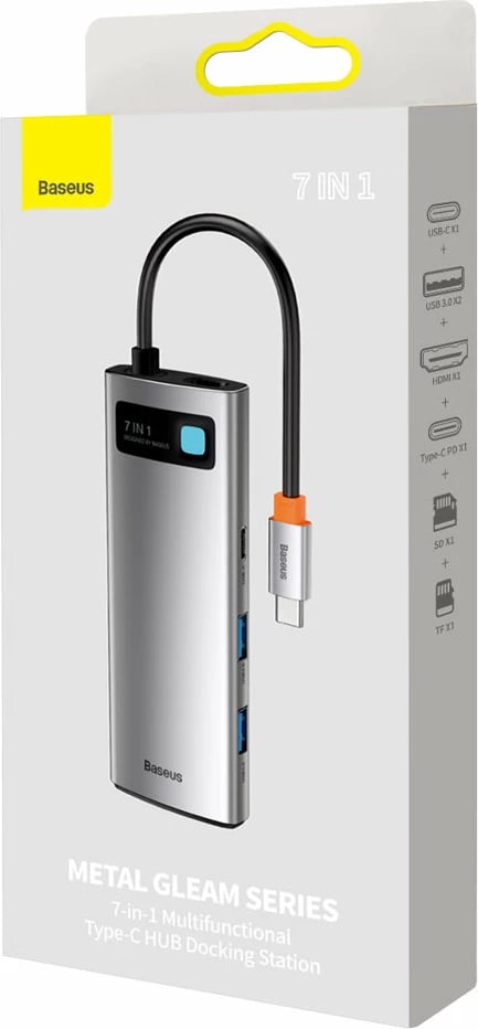 Kasë USB HUB Baseus Metal Gleam Series 7in1, USB-C, HDMI, TF, PD, Gri