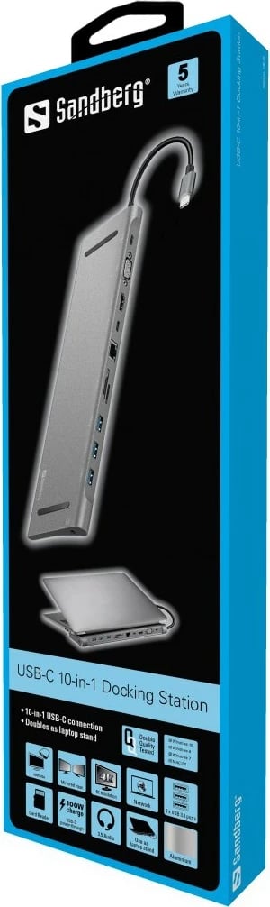 Docking Station Sandberg USB-C 10-in-1, Wired, USB 3.2 Gen 1, 100 W, Aluminium