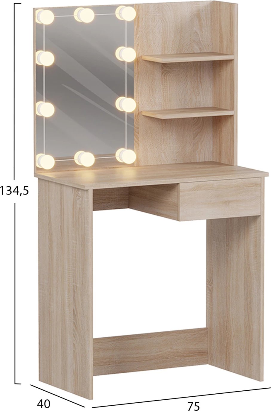 Tavolinë tualeti me drita LED dhe rafte, LAURYN FH2501.01, melaminë, ngjyrë SONAMA, 75x40x134.5Hcm