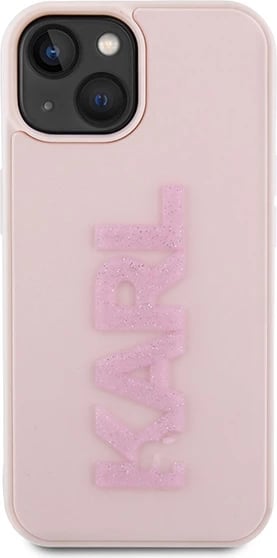 Mbështjellës Karl Lagerfeld 3D Rubber Glitter Logo për iPhone 15 Plus, rozë