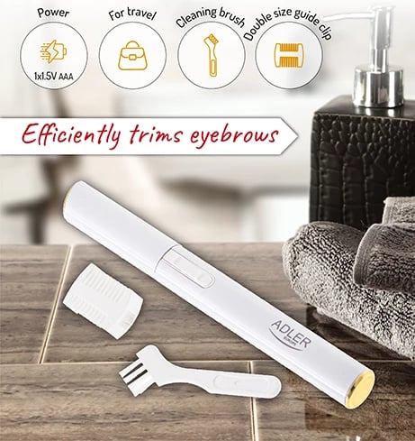 Trimer për vetulla, Adler AD 2934, teh çelik inox, krehër udhëzues dyanshëm 3.5mm/1.5mm, 1x AAA, strehë alumini, e bardhë perlë