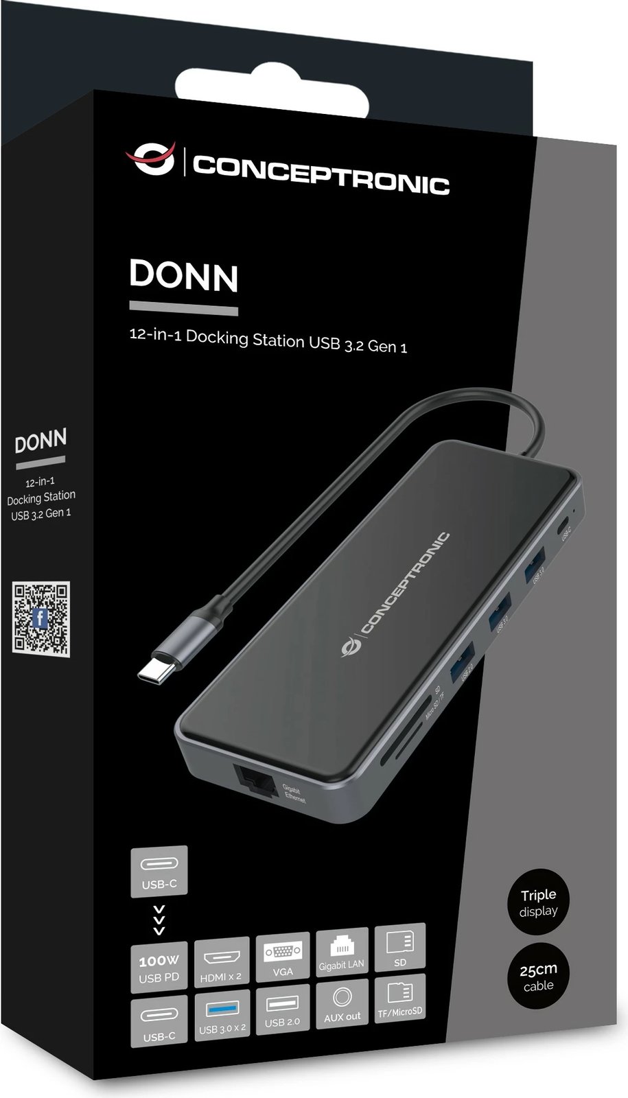 Docking station Conceptronic 12-1 USB-C, 2x HDMI, 3x USB-A, AUX, 25cm, gri