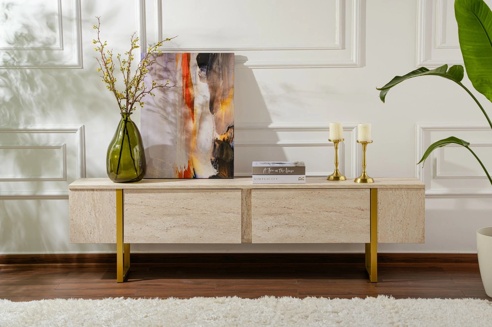 Komodë TV Nordure, ngjyrë travertin, ari