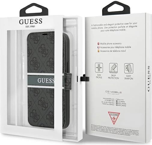 Mbështjellës, Guess, GUBKP13X4GDGR 4G Stripe Book për iPhone 13 Pro Max 6.7", me kapak dhe portofol, gri